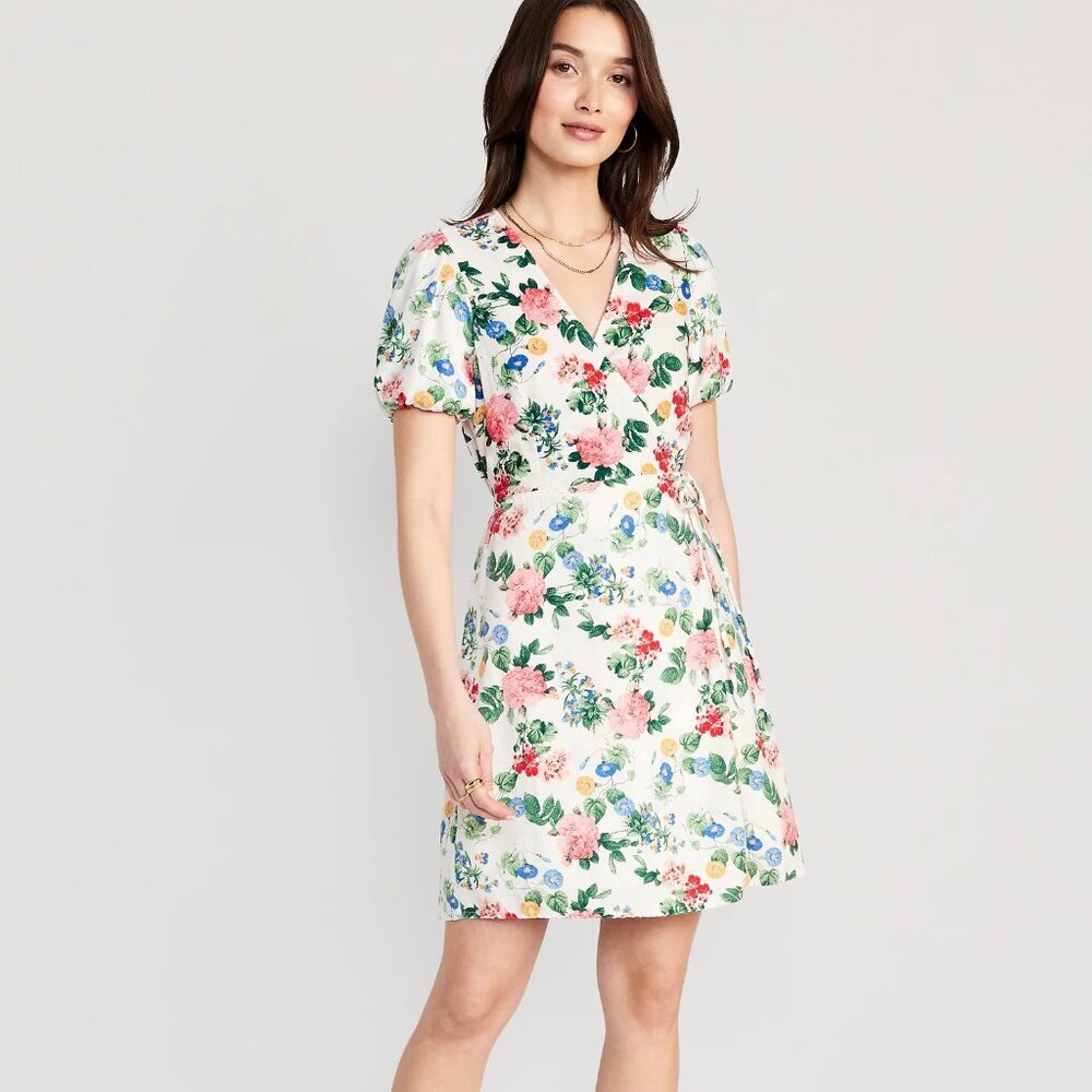 Floral Puff-Sleeve Mini Wrap Dress Old Navy Size M